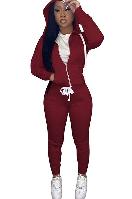 Wine Red Euramerican Women Pure Color Skinny Drawstring Cradigan Hooded Fleece Bodycon Pants Sets XQ1152-8