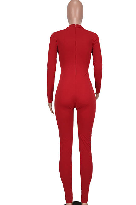 Black Women Long Sleeve Solid Color Round Collar Chain Cross Hollow Out  Bodycon Jumpsuits BYQ1027-2