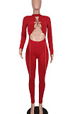Red Women Long Sleeve Solid Color Round Collar Chain Cross Hollow Out  Bodycon Jumpsuits BYQ1027-1