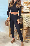 White Euramerican Women Solid Color Ribber High Collar Zipper Sexy High Elastic Bodycon Pants Sets QQM4333-2