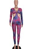 Wine Red Women Fashion Sexy Printing V Collar Dew Waist Bodycon Jumpsuits BYQ1030