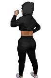 Gray Women Cardigan Short Crop Zipper Hooded Tops Casual Pants Sets Q973-1