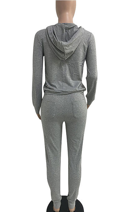 Brown Euramerican Women Pure Color Skinny Drawstring Cradigan Hooded Fleece Bodycon Pants Sets XQ1152-9