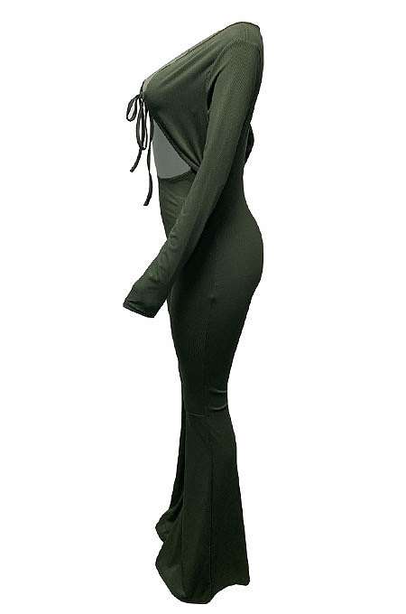 Orange Women Solid Color Ribber Tied Crop High Waist Tiny Flared Bodycon Jumpsuits Q971-2