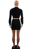 Orange Women Sexy Hooded Top Zipper Long Sleeve Dew Waist Short Skirts Sets QMX1019-1