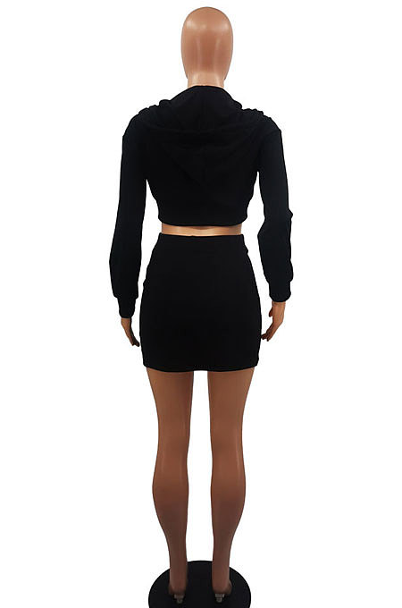 Orange Women Sexy Hooded Top Zipper Long Sleeve Dew Waist Short Skirts Sets QMX1019-1