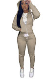 Brown Euramerican Women Pure Color Skinny Drawstring Cradigan Hooded Fleece Bodycon Pants Sets XQ1152-9