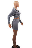 Gray Women Sexy Hooded Top Zipper Long Sleeve Dew Waist Short Skirts Sets QMX1019-2