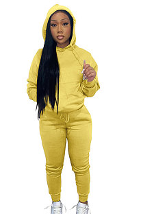 Yellow Women Autumn Winter Pure Color Hooded Fleece Pullover Casual Pants Sets Q972-2