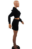 Black Women Sexy Hooded Top Zipper Long Sleeve Dew Waist Short Skirts Sets QMX1019-3