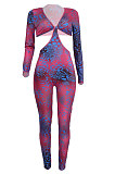 Wine Red Women Fashion Sexy Printing V Collar Dew Waist Bodycon Jumpsuits BYQ1030