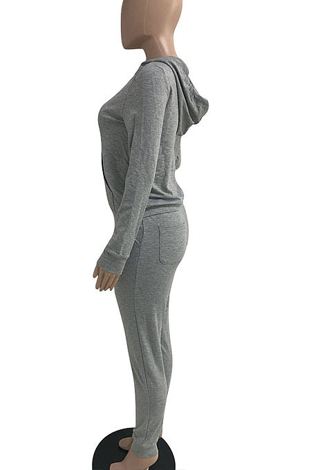 Pink Euramerican Women Pure Color Skinny Drawstring Cradigan Hooded Fleece Bodycon Pants Sets XQ1152-1