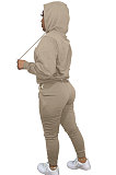 Khaki Women Autumn Winter Pure Color Hooded Fleece Pullover Casual Pants Sets Q972-5