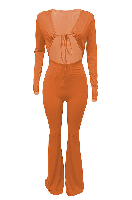 Orange Women Solid Color Ribber Tied Crop High Waist Tiny Flared Bodycon Jumpsuits Q971-2