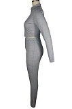 Black Euramerican Women Solid Color Ribber High Collar Zipper Sexy High Elastic Bodycon Pants Sets QQM4333-3