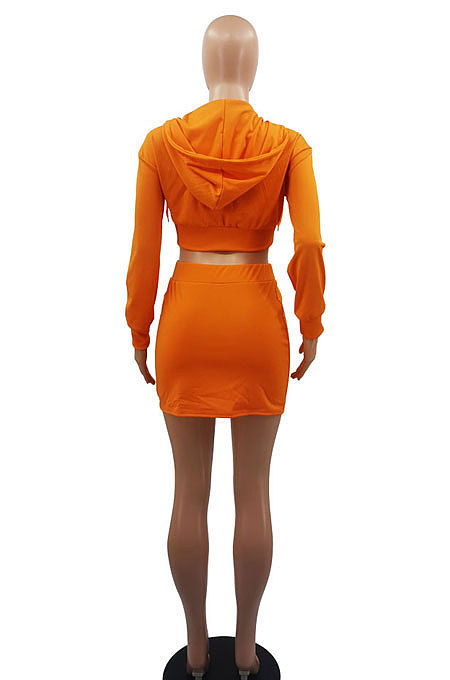 Black Women Sexy Hooded Top Zipper Long Sleeve Dew Waist Short Skirts Sets QMX1019-3
