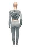Gray Women Cardigan Short Crop Zipper Hooded Tops Casual Pants Sets Q973-1