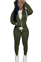 Army Green Euramerican Women Pure Color Skinny Drawstring Cradigan Hooded Fleece Bodycon Pants Sets XQ1152-10
