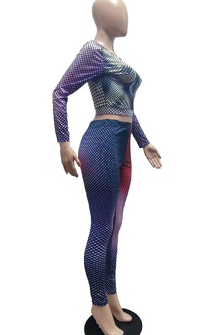 Blue Green Women Long Sleeve Round Collar Fashion Positioning Printing Bodycon Pants Sets AMN8027-2