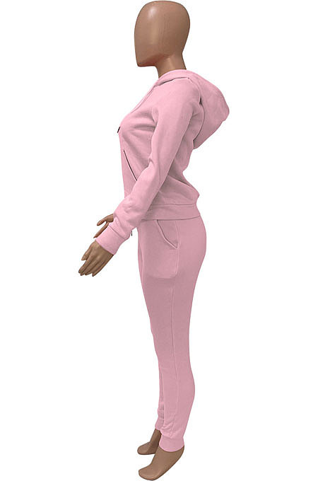 Khaki Women Autumn Winter Pure Color Hooded Fleece Pullover Casual Pants Sets Q972-5
