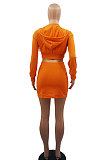 Orange Women Sexy Hooded Top Zipper Long Sleeve Dew Waist Short Skirts Sets QMX1019-1