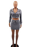 Gray Women Sexy Hooded Top Zipper Long Sleeve Dew Waist Short Skirts Sets QMX1019-2