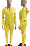 Brown Euramerican Women Pure Color Skinny Drawstring Cradigan Hooded Fleece Bodycon Pants Sets XQ1152-9