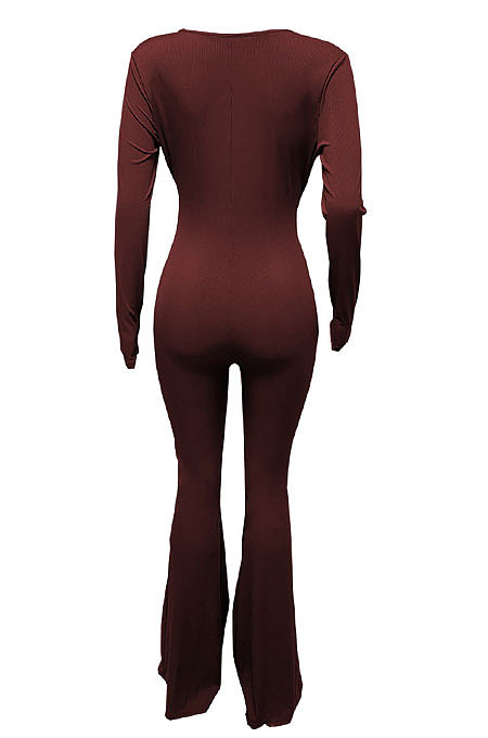Orange Women Solid Color Ribber Tied Crop High Waist Tiny Flared Bodycon Jumpsuits Q971-2