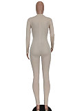 Apricot Women Long Sleeve Solid Color Round Collar Chain Cross Hollow Out  Bodycon Jumpsuits BYQ1027-3