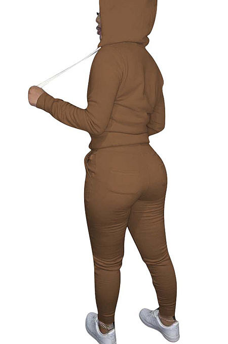 Pink Euramerican Women Pure Color Skinny Drawstring Cradigan Hooded Fleece Bodycon Pants Sets XQ1152-1