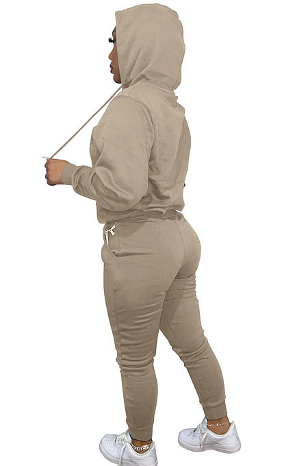 Yellow Women Autumn Winter Pure Color Hooded Fleece Pullover Casual Pants Sets Q972-2