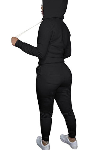 Black Euramerican Women Pure Color Skinny Drawstring Cradigan Hooded Fleece Bodycon Pants Sets XQ1152-4