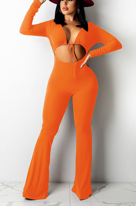 Orange Women Solid Color Ribber Tied Crop High Waist Tiny Flared Bodycon Jumpsuits Q971-2