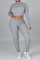 Gray Euramerican Women Solid Color Ribber High Collar Zipper Sexy High Elastic Bodycon Pants Sets QQM4333-1