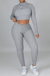 Gray Euramerican Women Solid Color Ribber High Collar Zipper Sexy High Elastic Bodycon Pants Sets QQM4333-1