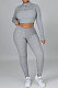 Gray Euramerican Women Solid Color Ribber High Collar Zipper Sexy High Elastic Bodycon Pants Sets QQM4333-1