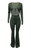 Orange Women Solid Color Ribber Tied Crop High Waist Tiny Flared Bodycon Jumpsuits Q971-2