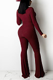 Orange Women Solid Color Ribber Tied Crop High Waist Tiny Flared Bodycon Jumpsuits Q971-2