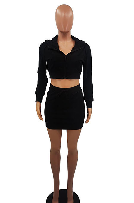 Black Women Sexy Hooded Top Zipper Long Sleeve Dew Waist Short Skirts Sets QMX1019-3