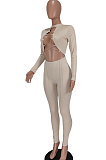 Apricot Women Long Sleeve Solid Color Round Collar Chain Cross Hollow Out  Bodycon Jumpsuits BYQ1027-3