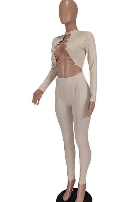 Black Women Long Sleeve Solid Color Round Collar Chain Cross Hollow Out  Bodycon Jumpsuits BYQ1027-2