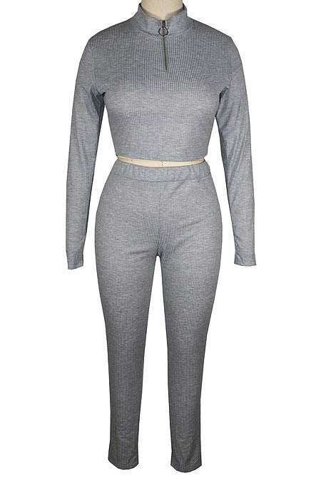 Black Euramerican Women Solid Color Ribber High Collar Zipper Sexy High Elastic Bodycon Pants Sets QQM4333-3