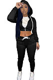 Gray Women Cardigan Short Crop Zipper Hooded Tops Casual Pants Sets Q973-1