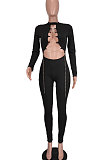 Apricot Women Long Sleeve Solid Color Round Collar Chain Cross Hollow Out  Bodycon Jumpsuits BYQ1027-3