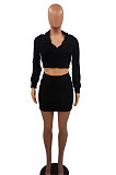 Gray Women Sexy Hooded Top Zipper Long Sleeve Dew Waist Short Skirts Sets QMX1019-2