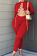 Red Women Long Sleeve Solid Color Round Collar Chain Cross Hollow Out  Bodycon Jumpsuits BYQ1027-1