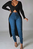 Black Euramerican Women Solid Color Cardigan Button Ribber Irregular Coat Q970-2