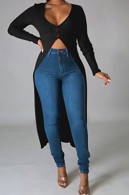 Black Euramerican Women Solid Color Cardigan Button Ribber Irregular Coat Q970-2