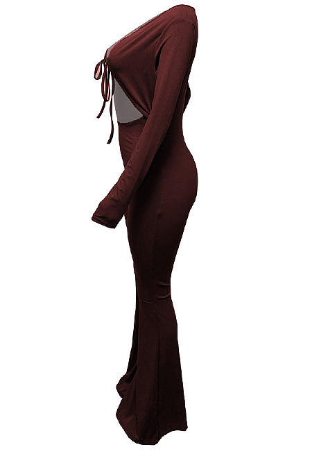 Orange Women Solid Color Ribber Tied Crop High Waist Tiny Flared Bodycon Jumpsuits Q971-2