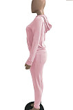 Pink Euramerican Women Pure Color Skinny Drawstring Cradigan Hooded Fleece Bodycon Pants Sets XQ1152-1